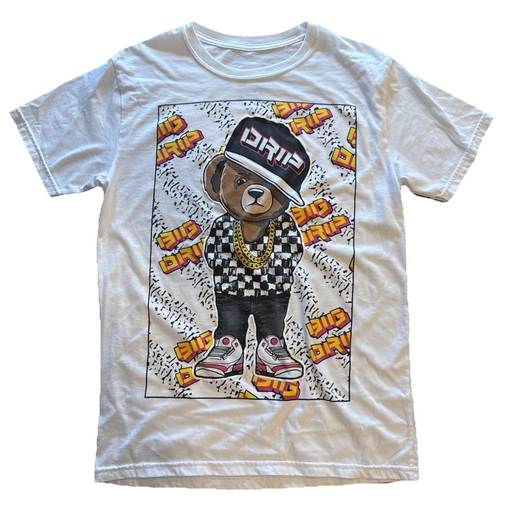 Hustle OG Clothing Mens White Bear‎ Drip Graphic T-Shirt Matching Black Hat Sz M
